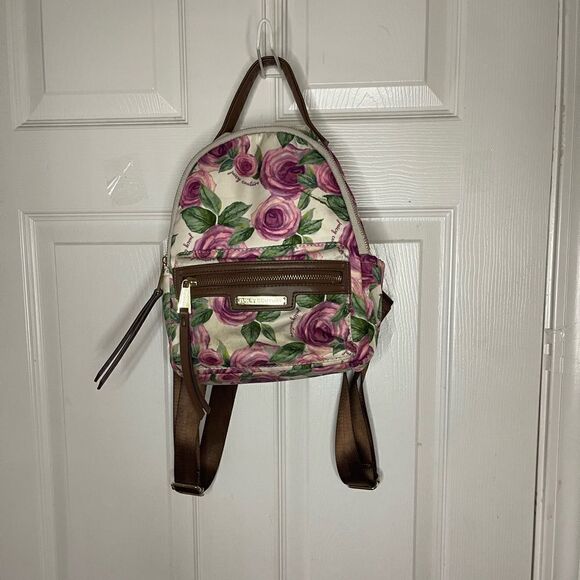 Juicy Couture Nylon mauve roses and green leaf prints mini backpack brown trims. - Picture 1 of 14